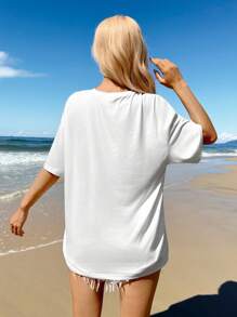 SHEIN EZwear Camiseta holgada de mujer de manga corta con cuello redondo, de estilo minimalista casual con estampado de flor de hibisco rosa, de mezcla de algodón, adecuada para el verano - Blanco - Ver 4