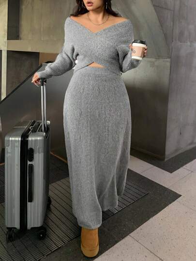 SHEIN EZwear Plus Size Casual Solid Color Criss-Cross Wrap Sweater & Knit Skirt Set Autumn Winter Clothes For Women