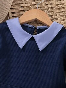 Elladie kids 女童休闲黑色撞色领腰针织连衣裙 - 藍色 - 查看 3