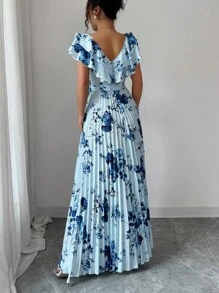 Lyxana V-Neck Digital Print Vacation Style Ruffle Waist A-Line Elegant Romantic Women Dress - Multicolor - View 2