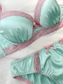 2pcs Underwire, Uplift, Molded Cup, Gather, Lace Patchwork, Satin Bow Comfy Balconette Cute Doll Fresh Women Lingerie Set Satin Lingerie Set Push Up Lingerie Set  Cozy And Elegant Details