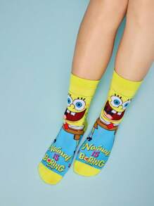SpongeBob SquarePants | SHEIN 4 双柔软透气吸湿排汗休闲女士中筒袜，时尚可爱的粉色和蓝色中筒袜，加固的脚趾和脚跟，经久耐用，适合所有季节，夏季和冬季 - 彩色 - 查看 7