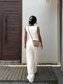 SHEIN EZwear 女士新款米色亚麻背心裤套装 女士度假套装 女士夏季套装 女士春季套装 女士夏季套装 - 白色 - 查看 2