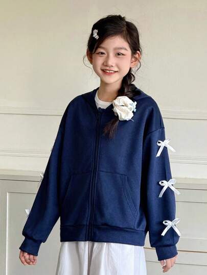 Genkimix Kids Girls' Casual Fashion Activewear Daily Hooded Drop Shoulder Long Sleeve Loose Navy Jacket Hoodie Outerwear With 3D Bow Design And Real Pockets Zipper Chic Outfits For Autumn/Winter Fall