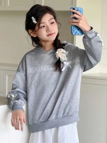 Genkimix Kids 少女休闲时尚运动卫衣，落肩设计，宽松版型，蕾丝边饰，3D蝴蝶结装饰，适合秋季返校穿着 - 灰色 - 查看 4