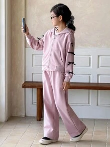 Genkimix Kids 2pcs Tween Girl Fashion Casual Outfit: Hoodie Jacket With 3D Bow Decor And Solid Color Straight Leg Pants Chic Outfits For Autumn/Winter - Pink - View 5