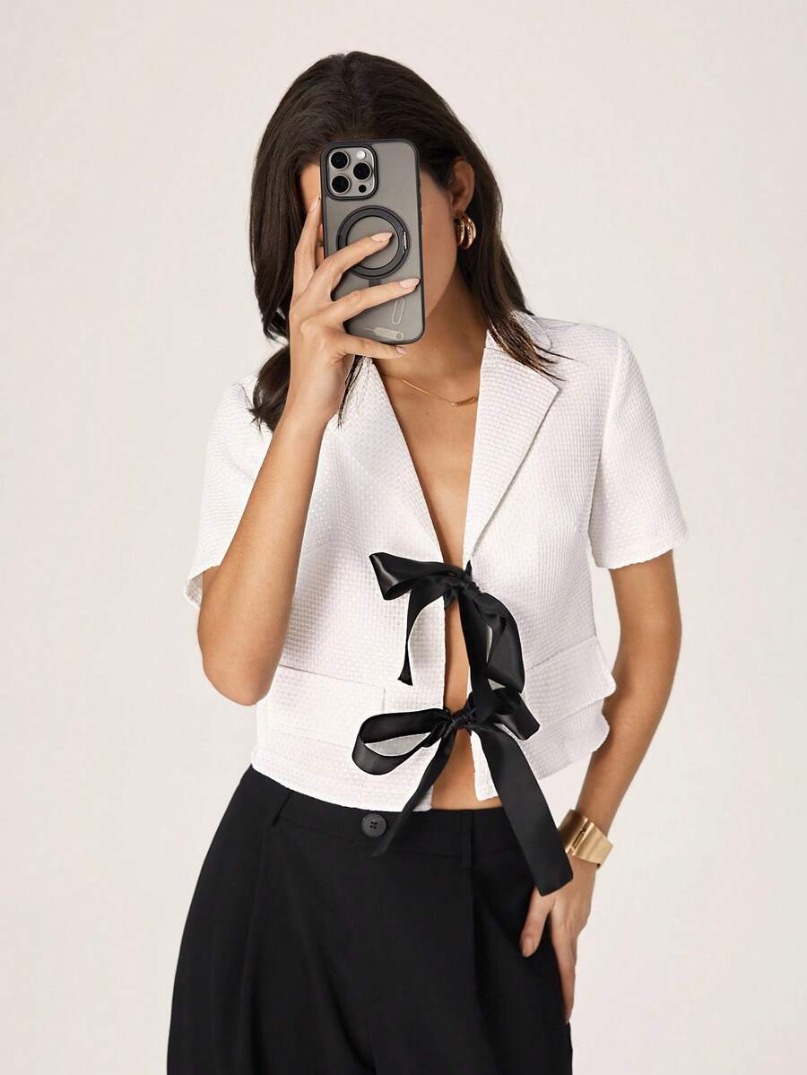 Modelyn Women's Fashion Casual Elegant Tweed Short Sleeve Blazer - White - View 1