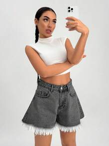 EURMUSE Summer Casual Washed Fringe Hem Wide Leg Denim Shorts - Light Grey - View 5