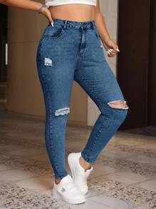 EURMUSE Jeans en denim décontractés, polyvalents et déchirés avec poches, pour femmes de grande taille