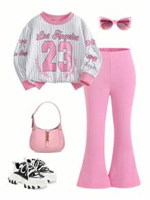 SHEIN Outfit casual per ragazze giovani composto da maglietta a maniche lunghe con stampa a righe e lettera, e pantaloni a zampa