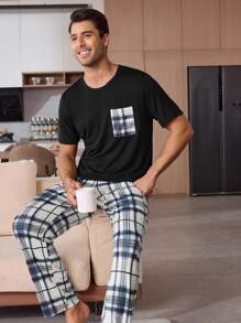 Men's Plaid Print Casual Couple Top & Pants Pajama Set - Black - View 4