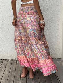 SHEIN Tall Váy maxi xếp nếp nhiều lớp cạp thấp in họa tiết phong cách retro, thanh lịch, dễ thương, gợi cảm, tinh tế, thích hợp cho kỳ nghỉ, bãi biển, thường ngày, mặc hàng ngày, đi chơi, hẹn hò, phụ nữ cao, xuân/hè/thu - Nhiều màu - Xem 2