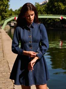 lacRébo Blue Denim Button Front Long Sleeve Mini Dress Going Out Dress Office Outfits Autumn Dress Winter Dress - Dark Wash - View 3