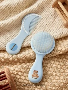 Cozy Pixies 2pcs/Set Baby Newborn Care Tools, Blue Bear & Polka Dot Design Comb & Brush