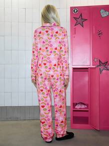 Paul Frank X ROMWE 女士棉质休闲长袖衬衫和裤子睡衣套装，适合春秋季 - 粉色 - 查看 3