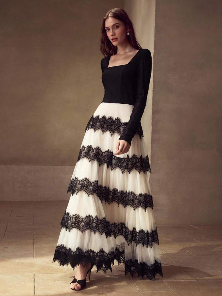 CONTRAST LACE COLORBLOCK DRESS