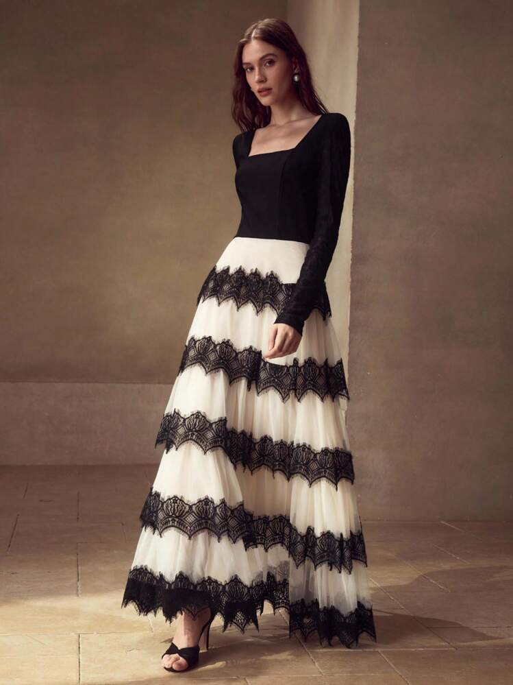 MOTF PREMIUM CONTRAST LACE COLORBLOCK DRESS - Black and White - View 1
