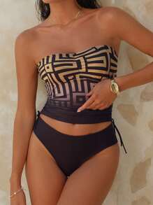 Swim Chiccia Women's Spaghetti Strap Bikini Top, Vintage Coin Print Geometric Ombre Ruched Drawstring Spaghetti Strap - Multicolor - View 1