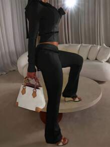 INAWLY Women Solid Color Zip Front Hoodie & Flared Pants Casual Tracksuit Fall Cloth For Women - Black - View 4