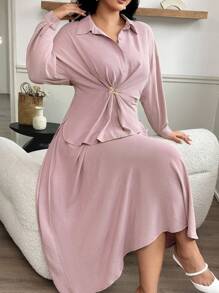 Modelyn Plus Size Women's Solid Color Drop Shoulder Long Sleeve Shirt And Midi Skirt Casual 2 Pieces Set,Fashionable Casual Elegant Women's Clothing, Autumn Women's Clothing, Women's Shirts, Preppy Dresses, Women's Strappy Shirt Dresses, Back To Work Back To School Women's Clothing, Dresses For Mom, Romantic Tops, Party Wear,Knitted Dress