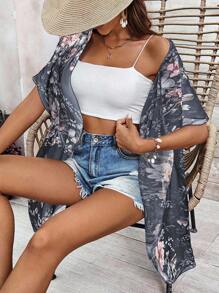 Breezaya 女士花卉印花蝙蝠袖宽松前开衫，适合度假 - 彩色 - 查看 6