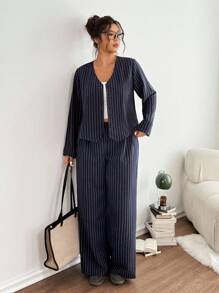 Lounesse 大码女式开襟西装背心和条纹西装裤两件套，海军蓝，休闲通勤装 - 藏蓝色 - 查看 4
