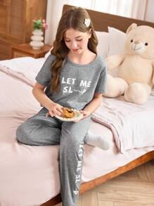 SHEIN Letter Print Short Sleeve & Pants Girls Pajama Set - Grey - View 5