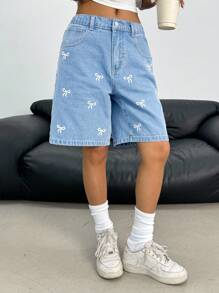 SHEIN 少女蝴蝶结刺绣口袋休闲牛仔短裤 - 淺色水洗藍 - 查看 6