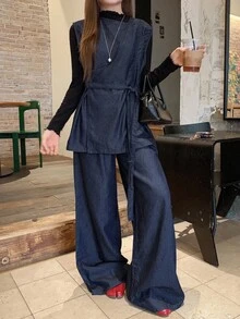 DAZY 女士日式无袖衬衫和宽松牛仔裤两件套，春秋 - 藍色 - 查看 3