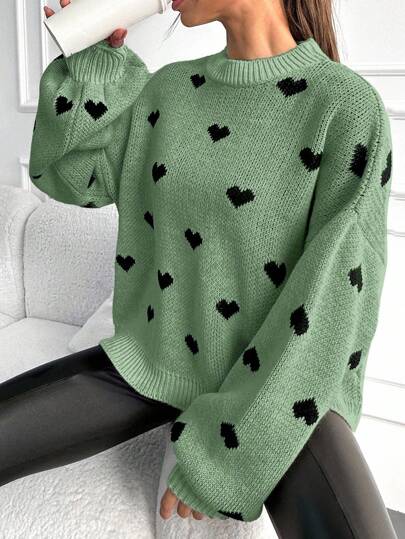 EURMUSE Heart Pattern Drop Shoulder Sweater