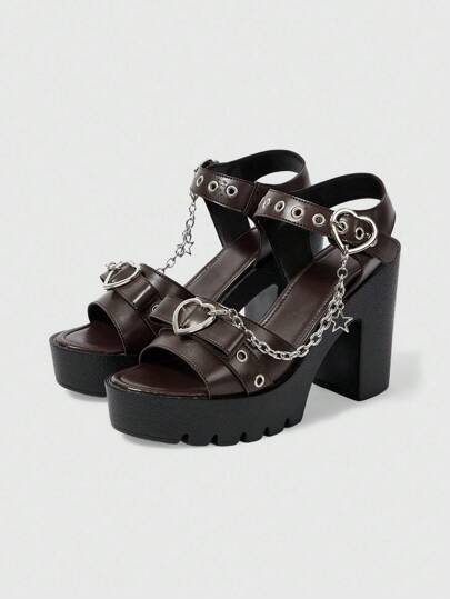 Grunge Punk Women's Elegant Fashion Heart & Star Metal Chain Design High Heel Sandals, Waterproof Platform, Punk Style Round Toe Roman Sandals, Suitable For Party, Daily Wear, Evening Dress, Height Increasing And Leg Lengthening, Comfortable Versatile High Heels
