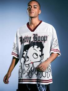 ROMWE MEN Betty Boop | ROMWE 男式字母与人物图案 V 领短袖 T 恤