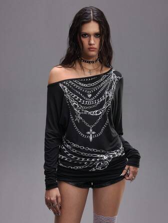 Grunge Punk Y2K Punk Minimalist Metal Lock Print Asymmetric Batwing Sleeve Long Sleeve Women T-Shirt
