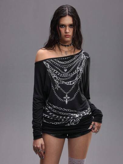 EDITION Y2K Punk Minimalistische Metall-Schloss-Muster asymmetrische Fledermausärmel Langarm Damen T-Shirt