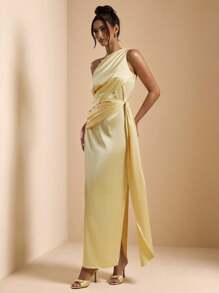 SHEIN BAE Solid Color Asymmetric Asymmetrical Neck Elegant Long Satin Dress For Women, Yellow Dress, Suitable For Vacation, Birthday, Brunch, Wedding Guest, Bridesmaid, Spring/Summer,Butter Yellow Dress Party Dresses For Women - Yellow - View 4