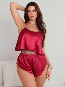 SHEIN Bộ đồ ngủ quần short dây mảnh khoét sâu ren gợi cảm, quyến rũ và hấp dẫn - Màu Đỏ Sâu - Xem 2