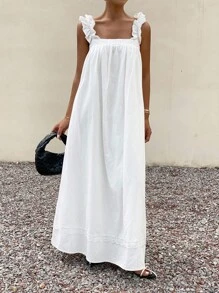 Livesso New Autumn Back To School Casual Vacation Style Spaghetti Strap Women Long Dress - White - View 1
