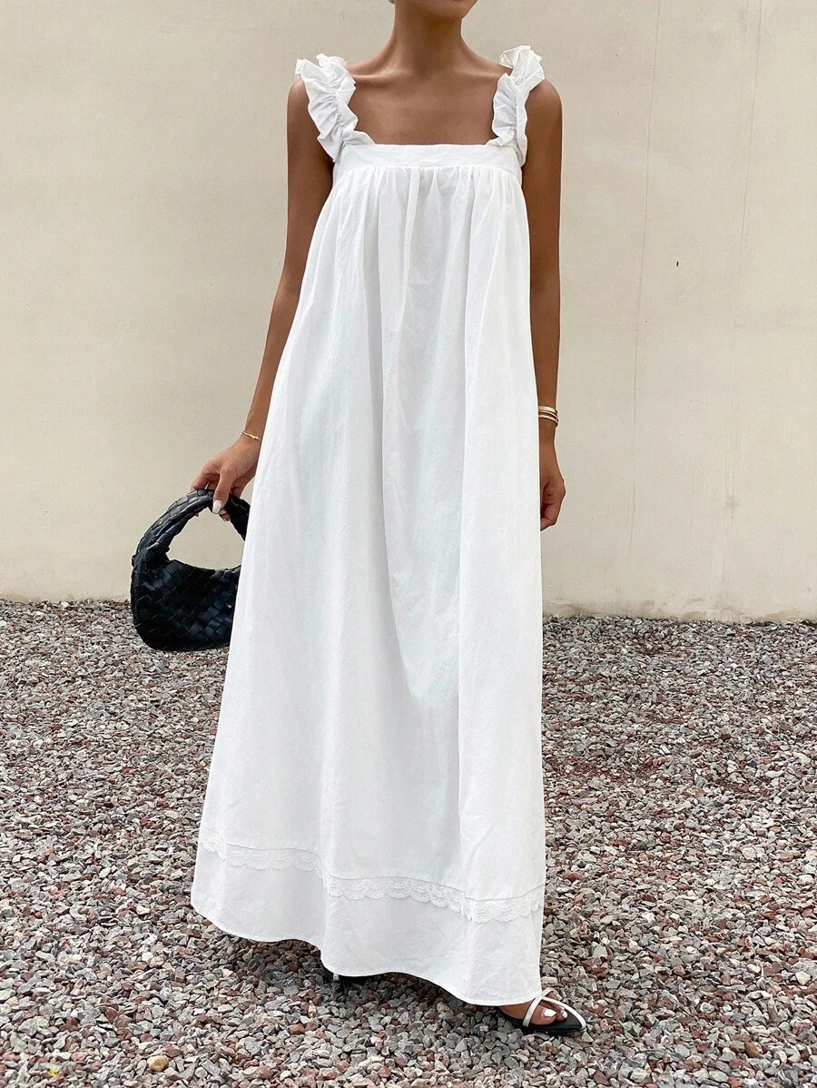 Livesso New Autumn Back To School Casual Vacation Style Spaghetti Strap Women Long Dress - White - View 1
