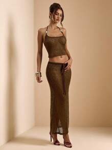 SHEIN BAE Set de 2 piezas para mujer compuesto por top de tirantes con malla de ganchillo y lentejuelas, y falda larga de talle bajo, color café/marrón, para primavera/verano - Marrón - Ver 5