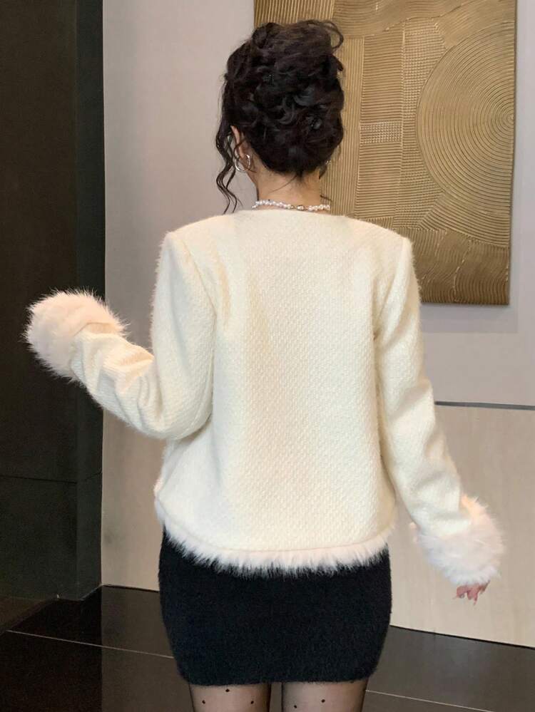 Women's Padded Coat With Fluffy Patchwork, Crew Neck Jacket Winter