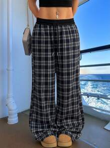 Veykashi Plus Size Black & White Plaid Print Loose Casual Pants, Suitable For Summer Suitable For Going Out - Dark Grey - View 5