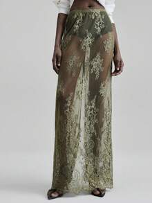 Ontre 2025秋季女士蕾丝裙，时尚简约设计，都市通勤商务休闲单品，适合圣诞节、万圣节、派对场合 - 軍綠色 - 查看 3