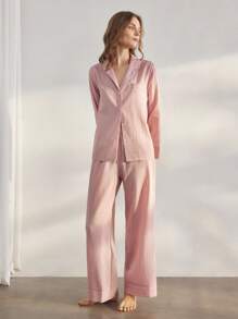 Ocili Conjunto de pijama de lino de manga larga y pantalón largo a rayas, cómodo y suave, pijamas naturales para mujer, conjunto de ropa de estar en casa para la temporada de vacaciones, ropa de otoño - Rosa - Ver 7