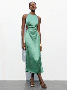 Maija Women's Green Ruched Design Dress, Versatile Elegant Urban Fashion, Comfortable Fitted Halter Backless Casual Business Party Music Concert Cruise Outfit Elegant And Intellectual Female Wedding Guest Dress Outfit And Beautiful French Slouchy High-End Sense Of Intelligence And Elegance Old Money Style Cruise Clothing Vacation Wear Green Satin Dress Sage Green Dress Side Cut Out Dress Cut Out Dress Green Dress,Autumn Outfits For Women, Christmas Women's Clothing