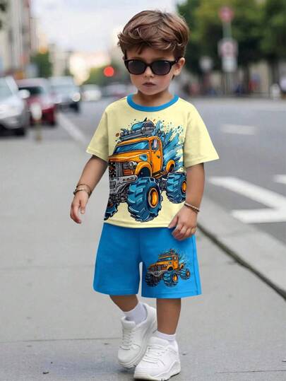 SHEIN 2 st/set Ung pojke Casual Fashionable Classic Cool Tecknad Monster Truck Grafiskt Tryck Rundhalsad Kortärmad T-shirt och Shorts Set, Lämplig För Sommaren
