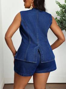 SHEIN Tall CURVE 女士加大码深蓝色牛仔无袖上衣，教师款 - 深色水洗藍 - 查看 2