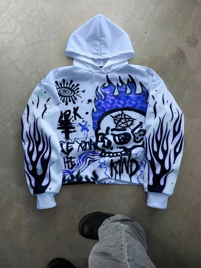 PAVTROS Manfinity Streetrush Men's Street Vintage Skull Dark Style Fashionable Beige Short Hooded Sweatshirt, Fall/Winter