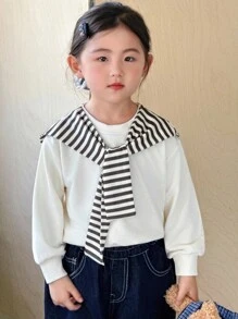 SHEIN Genkimix Kids Young Girls Cute Striped Shawl Paired With Apricot Crew Neck Long Sleeve Comfortable Sweatshirt, Autumn/Winter - Apricot - View 3