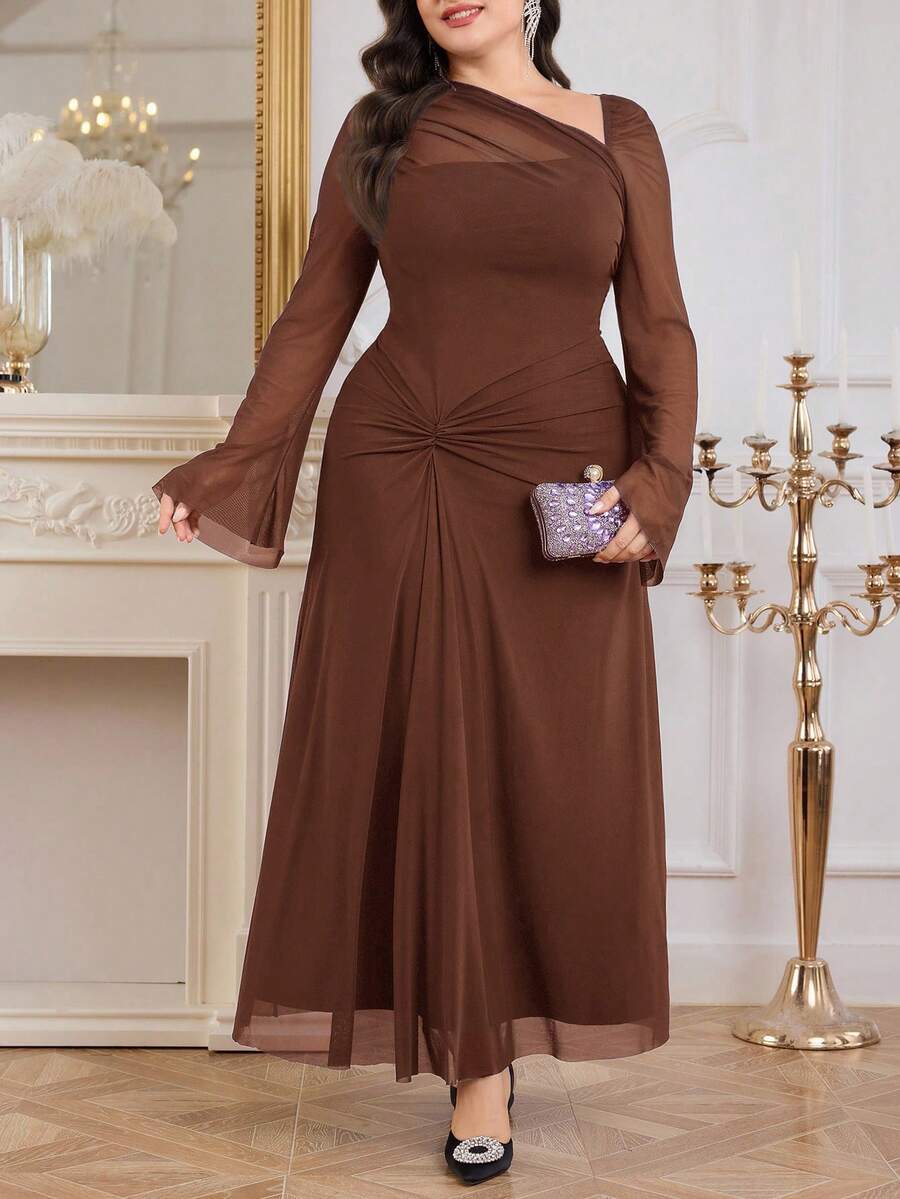 Modelyn Đầm dài tay thường ngày phối lưới trơn cỡ lớn tương phản Đầm dạ hội dài - màu nâu - Xem 1
