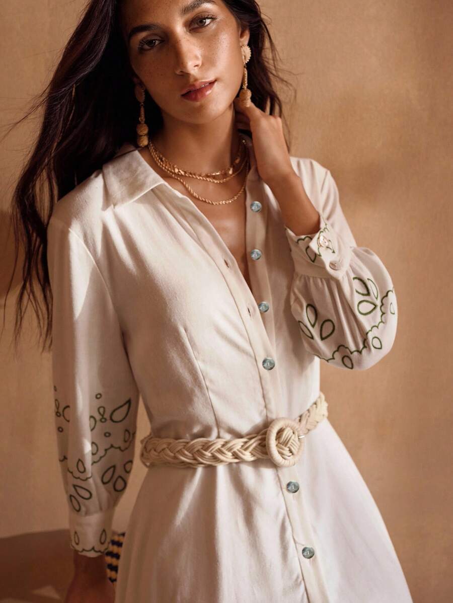 MOTF PREMIUM SUMMER WOMEN'S LINEN EMBROIDERY VACATION BELTED SHIRT DRESS